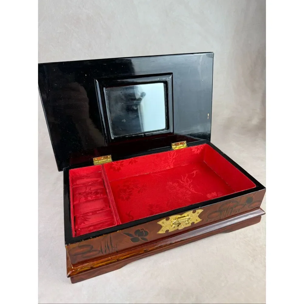 Vintage Chinese Lacquered Wood Vanity Jewelry Box w/ Mirror READ